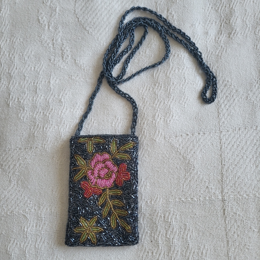 Embroidered Floral Beaded Bag - Black and Pink